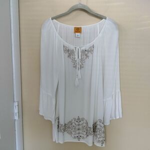 Ruby Red L Cream Gold Bell Sleeve Embroidery Tie Blouse Tunic Boho Wedding